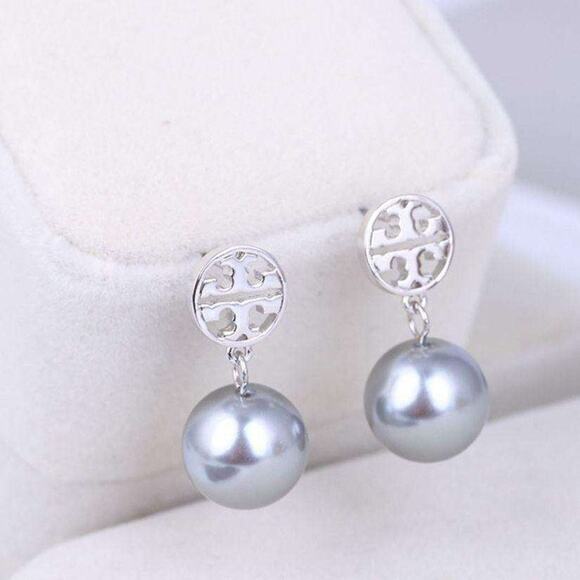 NWOT Tory Burch Silver Logo, Gray Pearl Dangle Stud Earrings - Picture 4 of 6